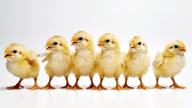 A group of six adorable yellow chicks standing together on a white background