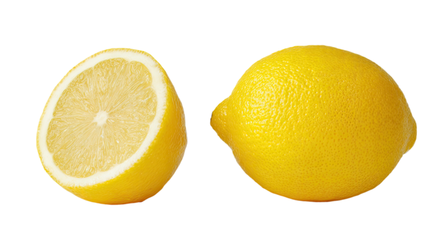A bright yellow lemon, whole and halved, on black