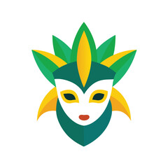 Flat design carnival mask with green yellow and white feathers Keywords: carnival, mask, masquerade, party, celebration, costume, disguise