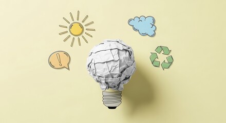 Generating eco-conscious ideas A creative crumpled paper light bulb surrounded by environmental symbols, illustrating sustainable innovation and thought process