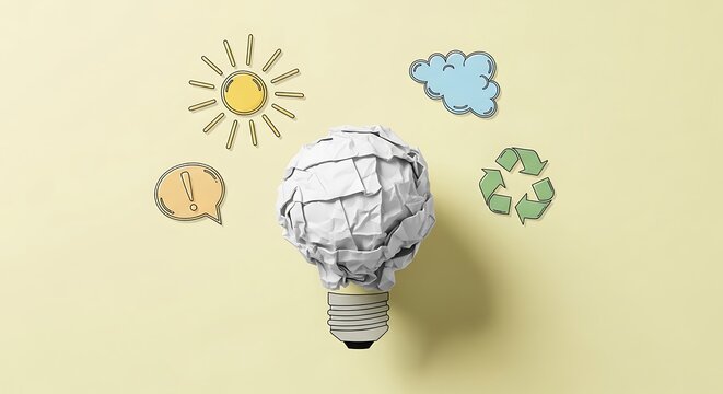 Generating eco-conscious ideas A creative crumpled paper light bulb surrounded by environmental symbols, illustrating sustainable innovation and thought process