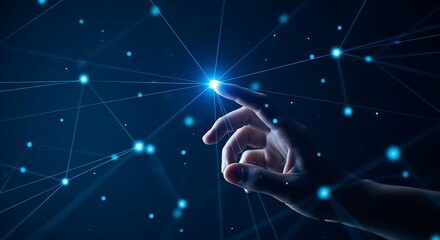 Human hand interacts with a glowing digital network, symbolizing global connection, technological innovation, and the vast potential of data in the modern interconnected world