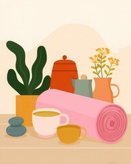 Coffee and yoga essentials display home decor still life cozy atmosphere close-up view mindfulness concept