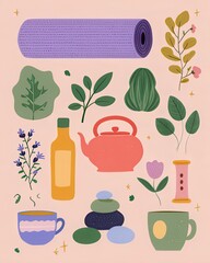 Wellness tea time a cozy collection of herbal teas and plants home kitchen illustrative art relaxing atmosphere