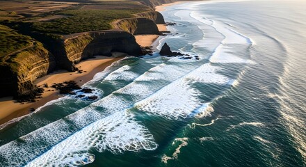 Aerial view of rugged cliffs meeting the ocean with rolling waves on a sandy beach