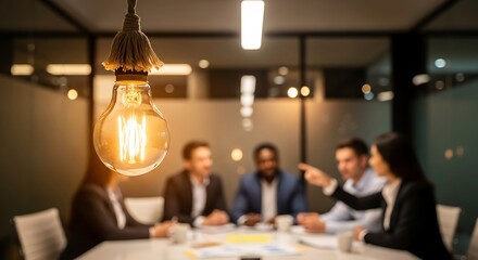 Glowing light bulb symbolizing innovation and bright ideas, illuminating a dynamic business meeting where a diverse team collaborates on strategic solutions and future plans