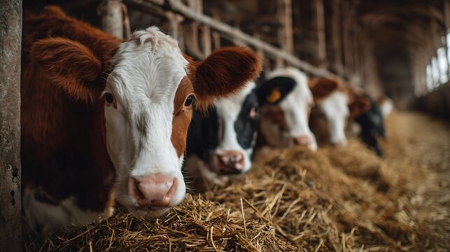 Cows Eating Hay in a Barn at Farm with Natural Light