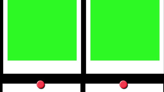 Animated hanging photo frames with green screen placeholders. Four white frames slide down and are pinned by red tacks against a black background.