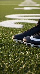 Black football cleats resting on green artificial turf with white field markings