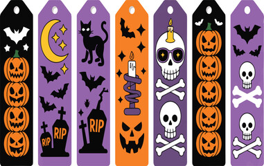 Halloween themed tags with pumpkins bats skulls and gravestones label jack o lantern