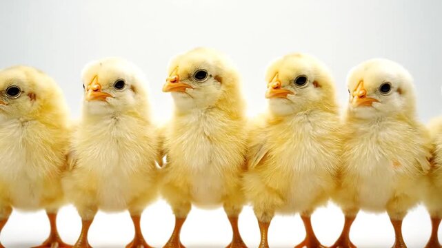 Six fluffy yellow chicks standing in a row on white eggs