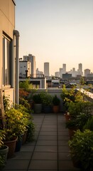 Potted plants on a tiled balcony overlook a distant city skyline at sunset