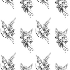 Seamless vintage pattern with classical Cupid angels in engraving style, perfect for Valentine’s Day, romantic designs, wrapping paper, textiles and elegant decorative projects
