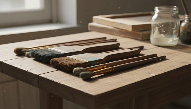 Close-up of artistic painting tools laid out on wooden table - Powered by Adobe