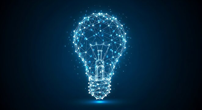 Brilliant digital light bulb concept formed by interconnected glowing lines and dots, symbolizing innovative ideas, technological solutions, and intelligent networking across global systems