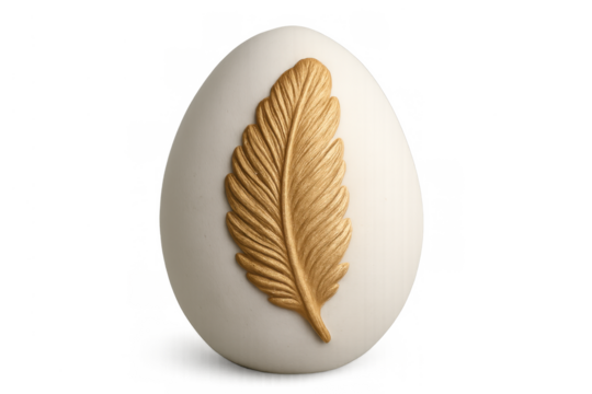 Elegant white easter egg with golden feather decoration representing luxury and festive celebration on transparent background