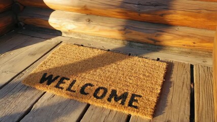 Warm welcome to rustic log cabin home with sunlight streaming onto the porch, a cozy inviting atmosphere for family vacation or weekend getaway - Powered by Adobe