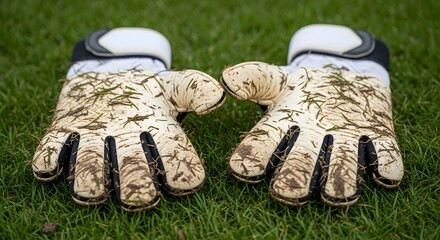 Muddy grass stained soccer goalkeeper gloves resting on a green lawn soccer gloves