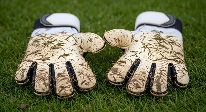 Muddy grass stained soccer goalkeeper gloves resting on a green lawn soccer gloves