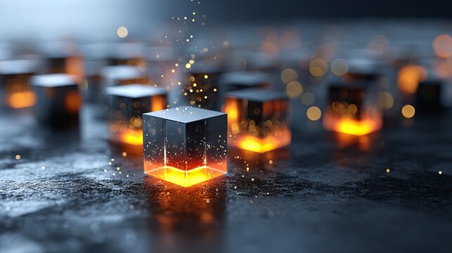 Abstract 3D rendering of glowing cubes and geometric shapes in dark futuristic space background for modern digital art wallpaper and technology design - Powered by Adobe