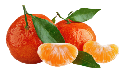 Two bright oranges with leaves and peeled segments