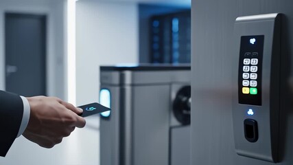 Business Man Using Access Card to Enter Secured Data Center Facility - Powered by Adobe