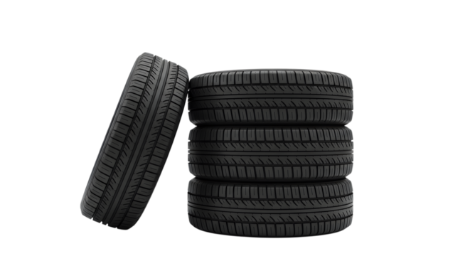 Stack of four car tires, one leaning against the stack