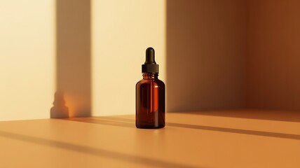 Amber glass dropper bottle with cosmetic serum casting shadow on warm background
