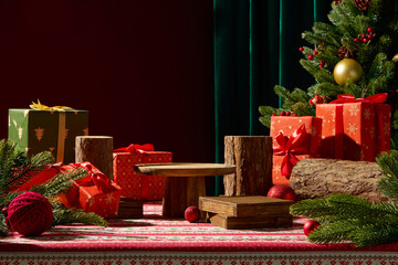 A wide Christmas setup showing red presents, greenery, and golden ornaments. The festive palette...