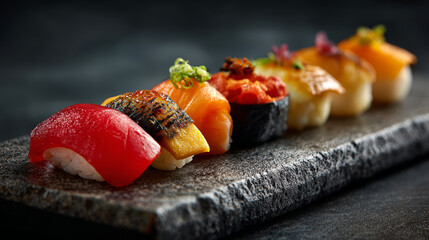 Tuna nigiri seared mackerel salmon nigiri spicy tuna eel nigiri gourmet sushi Japanese cuisine slate plate seafood fine dining