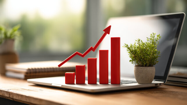Growth business finance chart arrow bar laptop office plant success upbeat