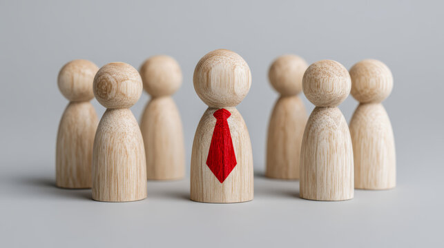 Wooden figure leader red tie leadership team business management standout success concept strategy organization with calm confident mood