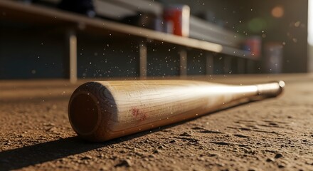 A baseball bat rests on the dirt ground near a dugout with scattered dust particles in the air