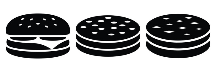burger patty minimal food icon set, black color and white background