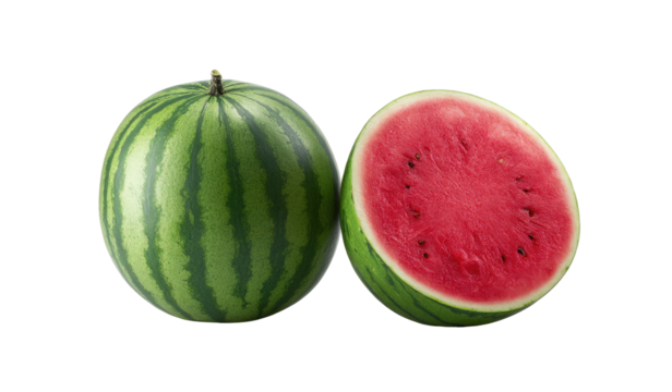 Two whole and sliced juicy watermelons with vibrant red flesh