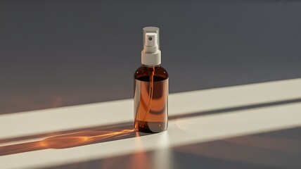 Amber glass spray bottle with natural serum and sunlight casting shadows