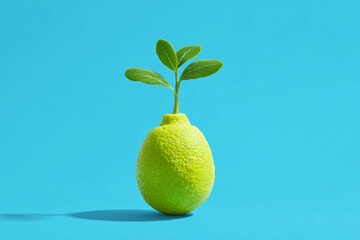 Fresh lemon green leaf blue background minimal vibrant concept citrus growth nature creative playful mood