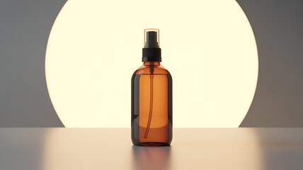 Amber glass spray bottle with liquid against a soft glowing background