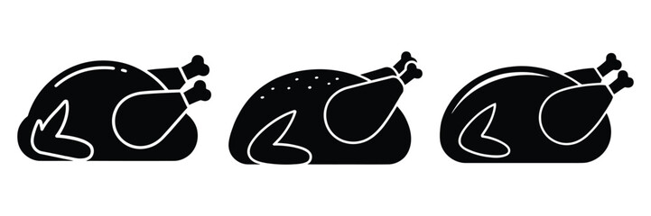 chicken roast minimal food icon set, black color and white background