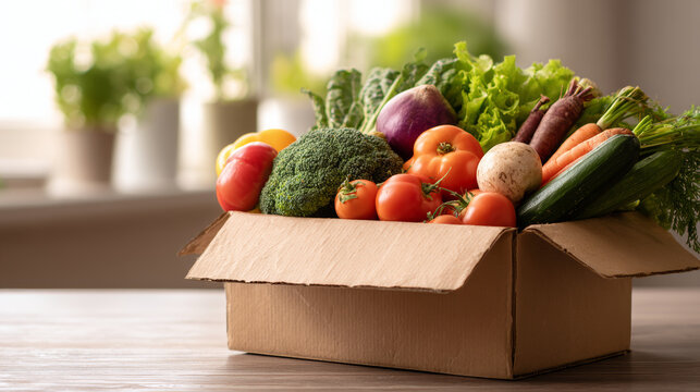 Fresh vegetable box delivery organic produce farm harvest seasonal greens colorful tomatoes broccoli eggplant carrots zucchini joy