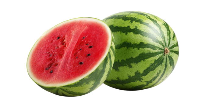 Juicy red watermelon half with seeds and whole fruit