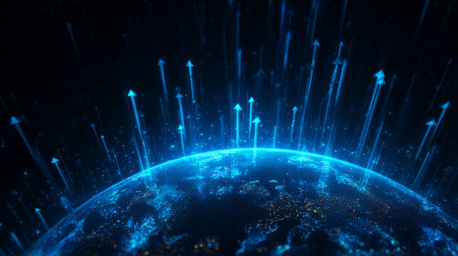 Global network digital world data stream blue light earth horizon technology connectivity cyber future innovation glow across night earth