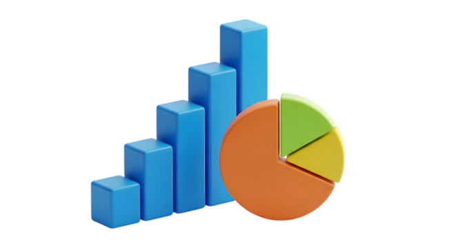 3d bar chart and pie chart showing growth and data analysis - Powered by Adobe
