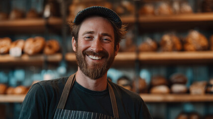 Smiling baker artisan bread bakery interior bearded man apron cap warm light rustic shelves small business fresh loaf with cheerful vibe