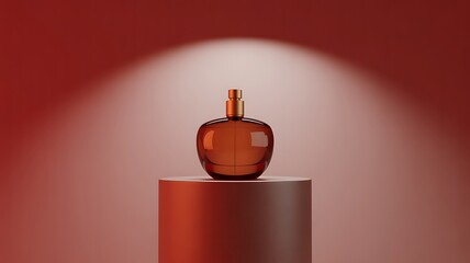 Elegant amber glass bottle illuminated by spotlight on pedestal