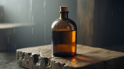 Amber glass bottle with liquid on a textured surface in soft light