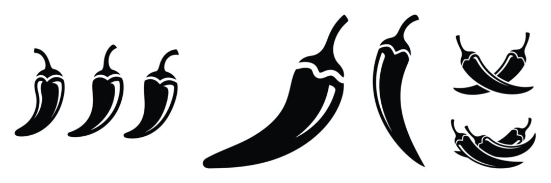 chili pepper minimal food icon set, black color and white background