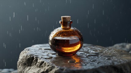 Amber liquid in a glass bottle on wet rocks during a rain shower