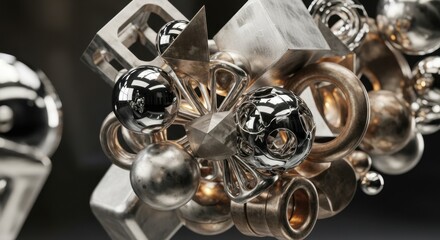Abstract metallic sculpture featuring diverse geometric shapes and polished surfaces creating a