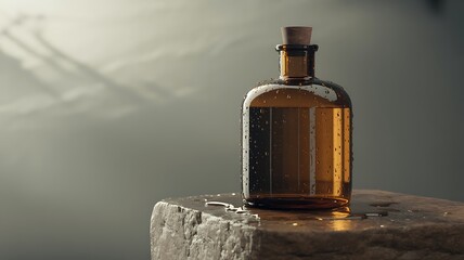 Amber glass bottle with cork stopper on textured surface with light rays